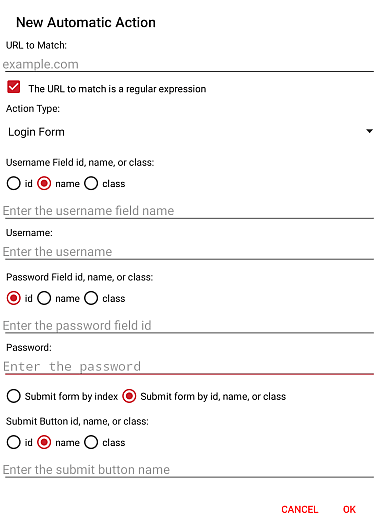 Browser Tab, Automatic Action List, New Automatic Action Window for Login Form