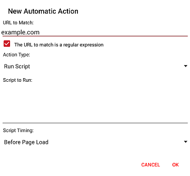 Browser Tab, Automatic Action List, New Automatic Action Window for Run Script