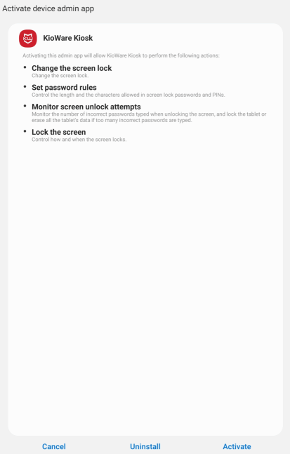 KioWare Alert - Device Admin Permissions Alert
