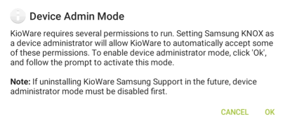 First Run of KioWare Browser, Prompt for Device Admin Mode