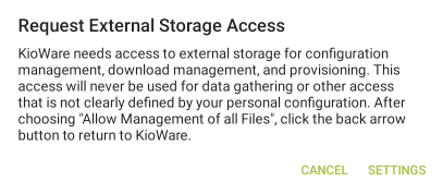 First Run of KioWare Browser, Prompt for Request External Storage Access