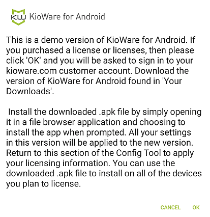 License tab, KioWare for Android Download Popup