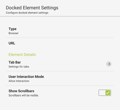 User Interface tab, Browser Docked Element Settings