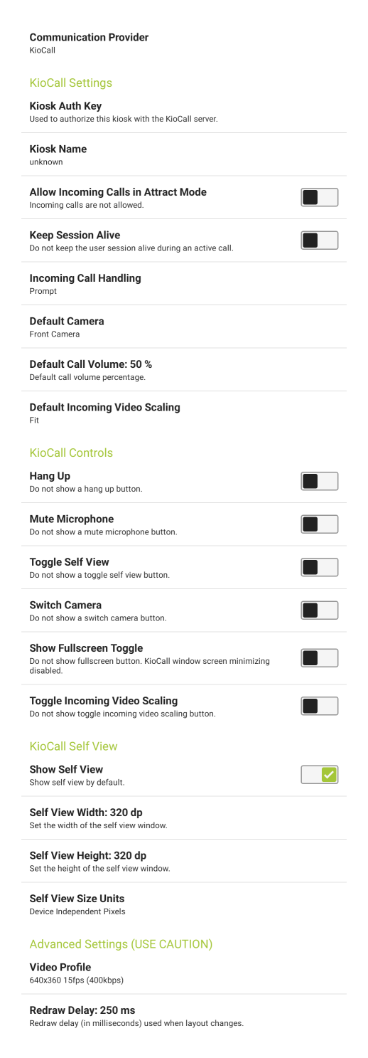 Communication Tab, KioCall Settings