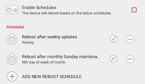 Root Tab, Reboot Schedule screen