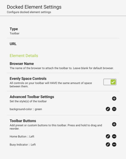 User Interface tab, Toolbar Docked Element Settings