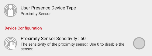 Attract/Inactivity Tab, User Presence Device Configuration screen, Enabling Proximity Sensor