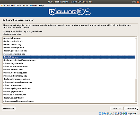 Virtual Machine Method, Select Debian Archive Mirror