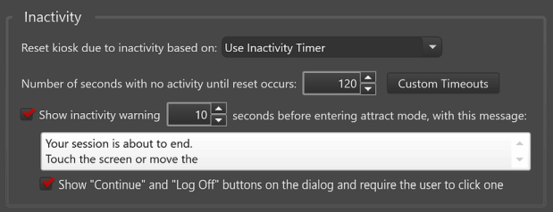 Attract/Inactivity Tab, Activity Timer Settings