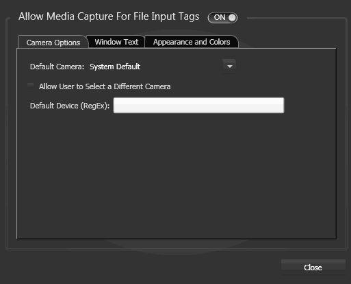 Media Capture Options, Camera Options Tab