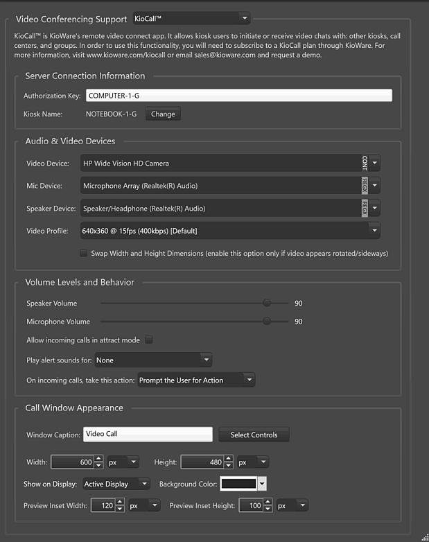 Communication Tab, KioCall Settings