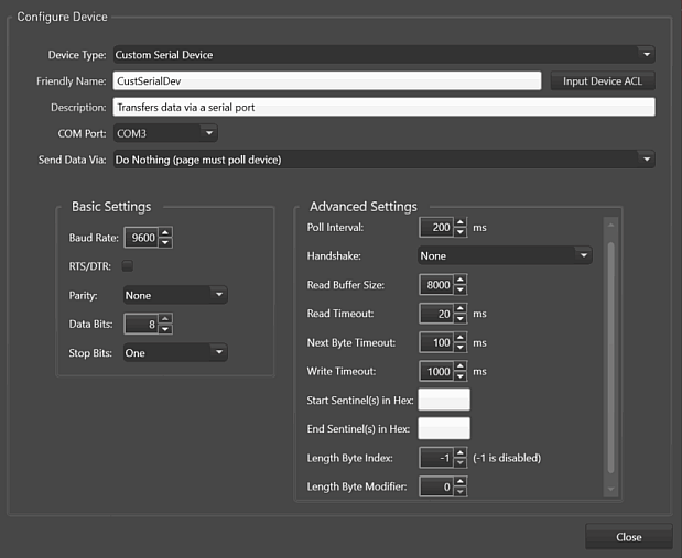 Devices Tab, Input Devices, Add Custom Serial Device