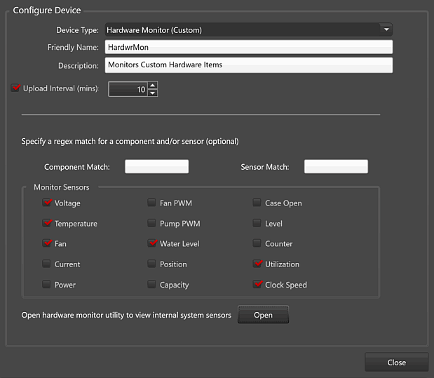 Devices Tab, Configure Device Window, Hardware Monitor (Custom)