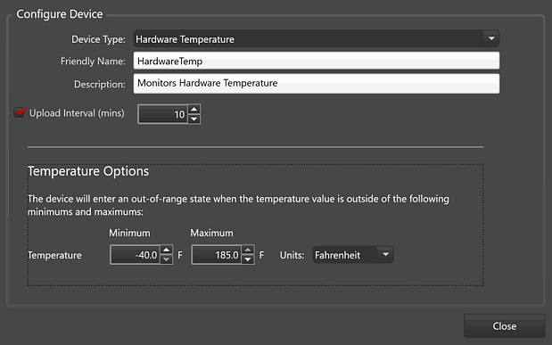 Devices Tab, Configure Device Window, Hardware Temperature