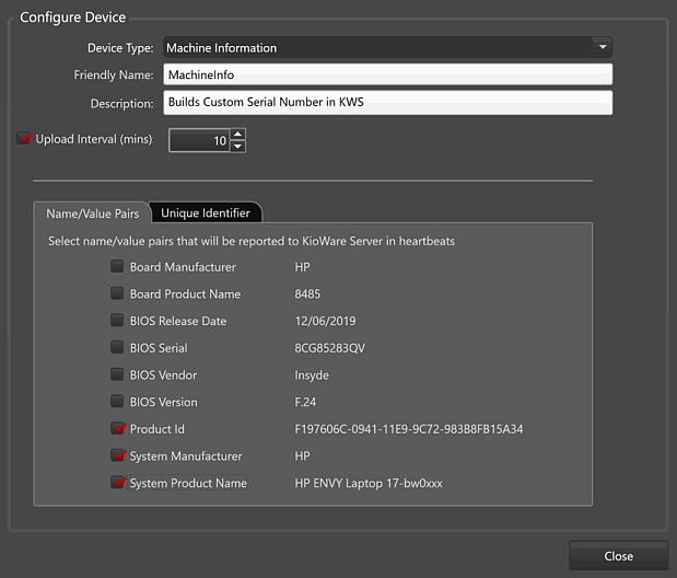 Devices Tab, Configure Device Window, Machine Information - Name/Value Pairs