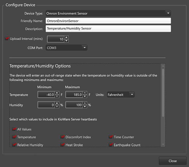 Devices Tab, Configure Device Window, Omron Environment Sensor