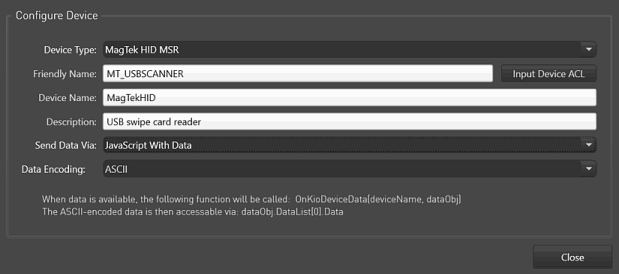 Devices Tab, Configure Device Window, Send Data Via JavaScript