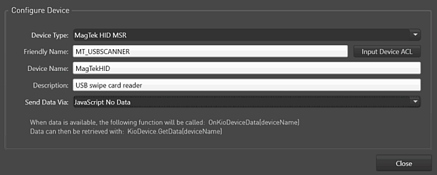 Devices Tab, Configure Device Window, Send Data Via JavaScript No Data