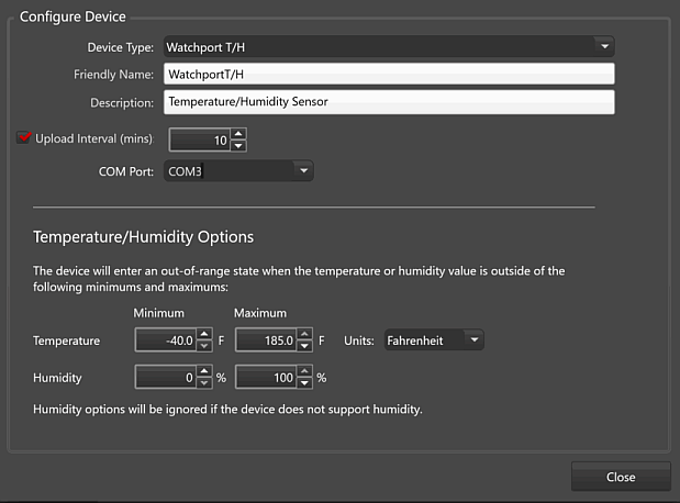 Devices Tab, Configure Device Window, Watchport T/H