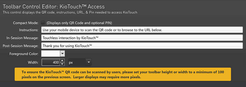 Toolbar Control Editor, Custom KioTouch<sup>TM</sup> Access