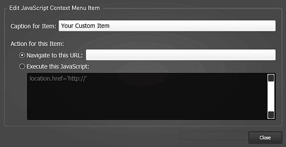 User Interface Tab, Edit URL/JavaScript Item in Context Menu