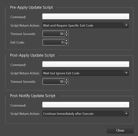 Kiosk Management Tab, Content Updating, Edit Scripts window