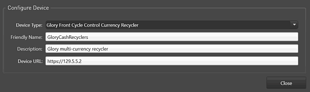 Devices Tab, Input Devices, Add Glory Front Cycle Control Currency Recycler