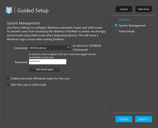 Guided Setup System Management Screen