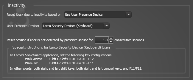 Attract/Inactivity Tab, User Presence Device Settings, Larco Security Device (Keyboard) Settings