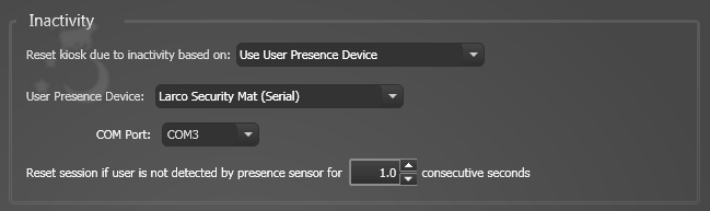 Attract/Inactivity Tab, User Presence Device Settings, Larco Security Mat (Serial) Settings