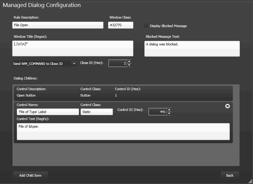 Managed Dialog Configuration Screen