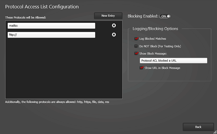 Protocol Access List Configuration Screen