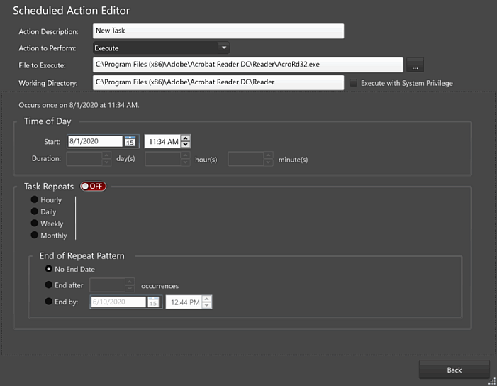 Scheduled Actions Tab, Add New Scheduled Action