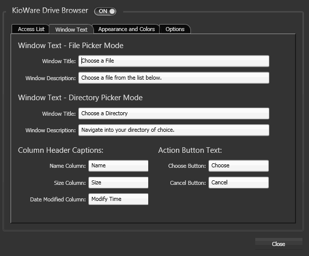 Security Tab, Drive Browser Options, Windows Text Tab