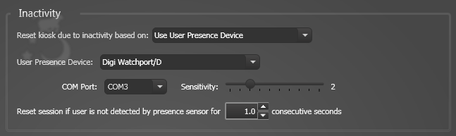 Attract/Inactivity Tab, User Presence Device Settings, Digi WatchPort/D Settings