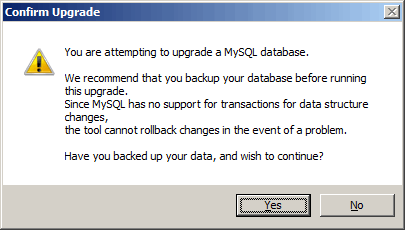 Installation, Confirm Upgrade of MySQL Database