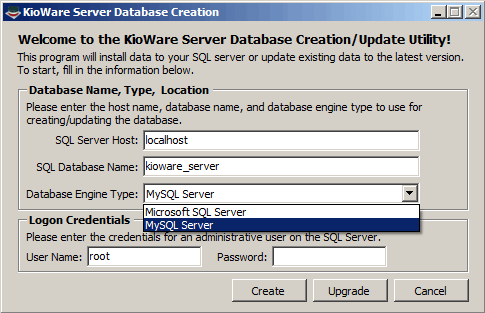 Installation, KioWare Server Database Creation Screen