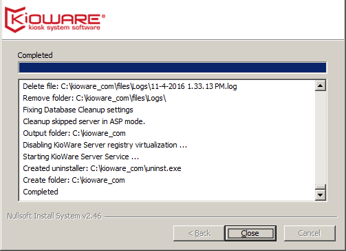 Installation, KioWare Server Update Complete Screen