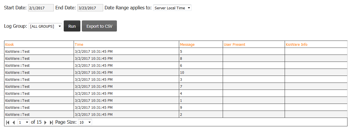 Project Management, Reports Tab, Kiosk App Log Report