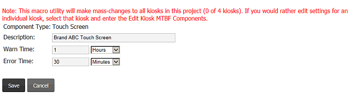 Project Management, Project Management Tab, Edit Kiosk MTBF Components, Add Component