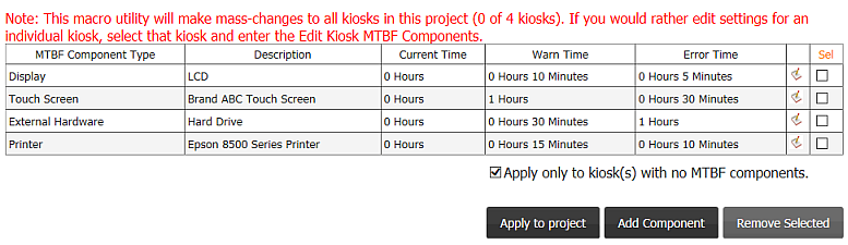 Project Management, Project Management Tab, Edit Kiosk MTBF Components