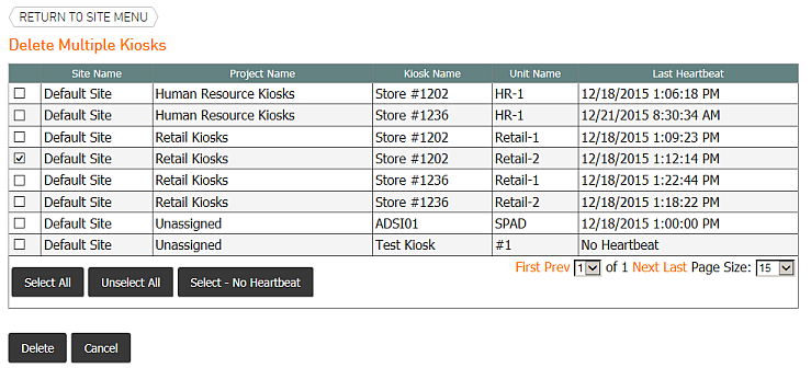 Site Management, Site Management Tab, Delete Multiple Kiosks