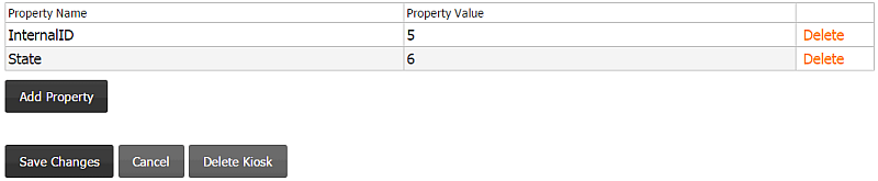 Kiosk Management, Utilities Tab, Kiosk Settings, Custom Properties Tab