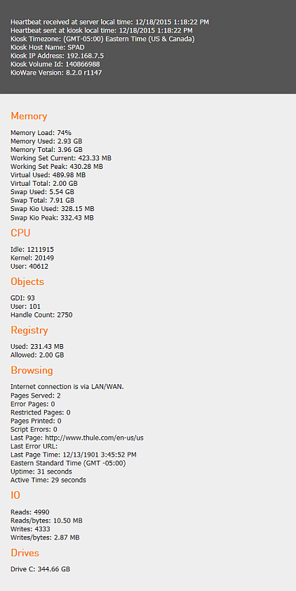 Kiosk Management, Reports Tab, Heartbeat Report, Heartbeat Detail