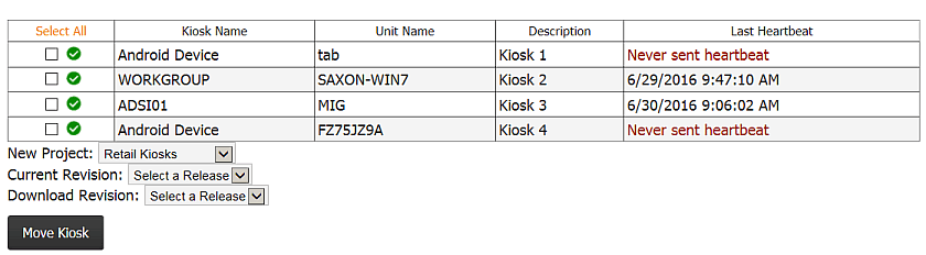 Project Management, Project Management Tab, Move Kiosks