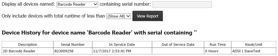 Site Management, Reports Tab, Device Serial Number History Report