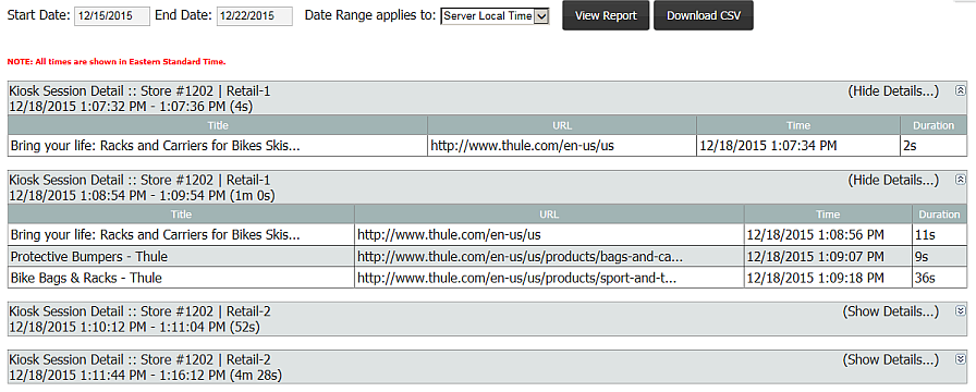 Project Management, Reports Tab, Session Page List