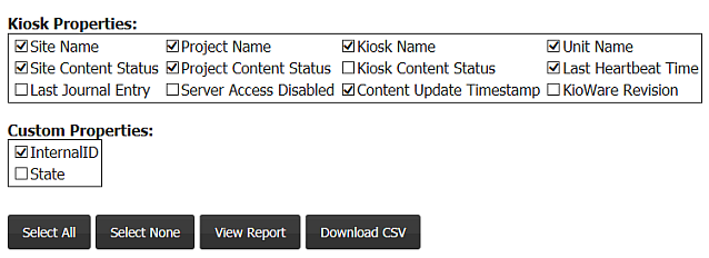 Project Management, Reports Tab, Kiosk Property Overview