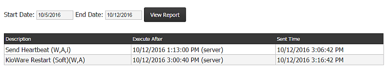 Kiosk Management, History Tab, Server Command History