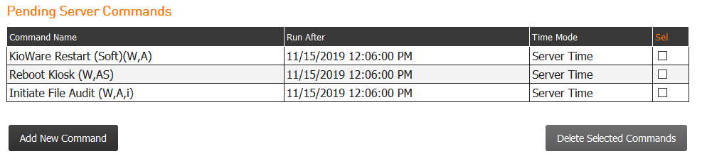 Kiosk Management, Utilities Tab, Server Command Management